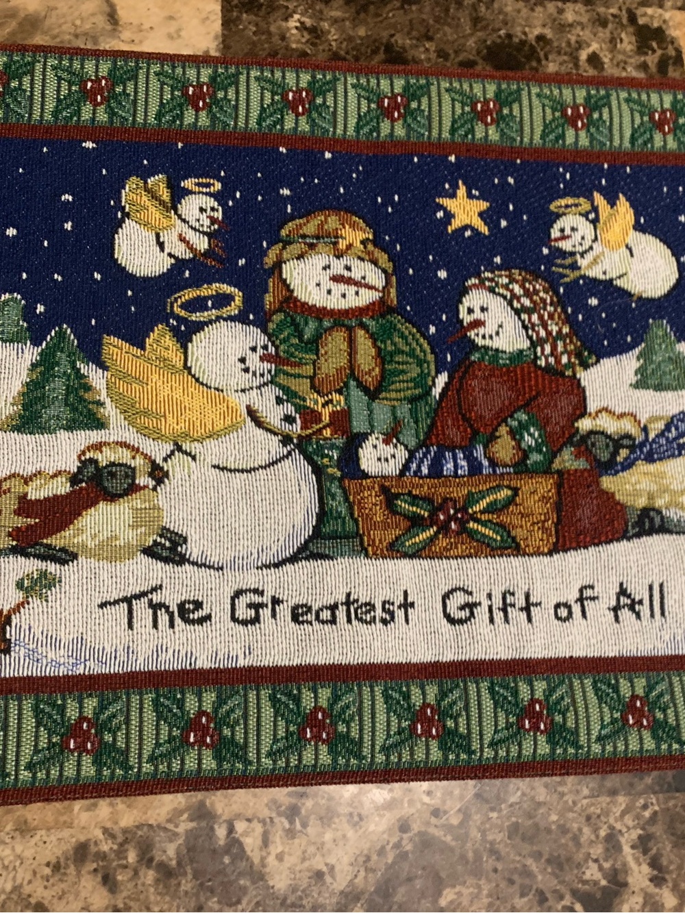 The Greatest Gift of All Snowman Nativity Tapestry Table Runner